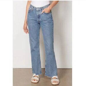 AGOLDE Mid Rise Relaxed Boot Cut Raw Hem Denim Blue Jeans in Static 27 EUC